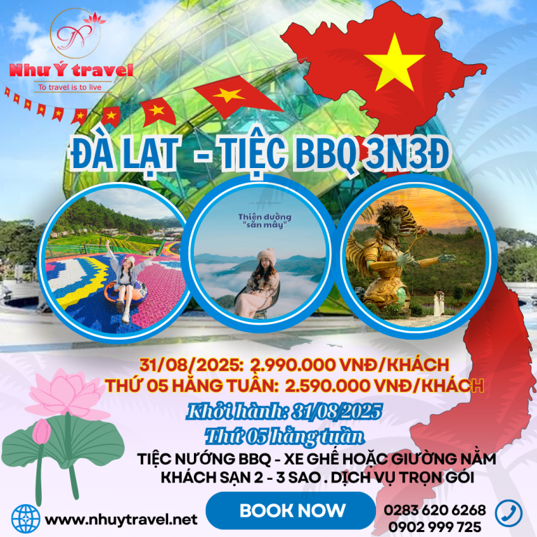 TOUR LỄ 02/09/2025 + TOUR ĐÀ LẠT - ĐẠI TIỆC BBQ - SĂN HOA PHƯỢNG TÍM - LANG BIANG LAND 3N3Đ